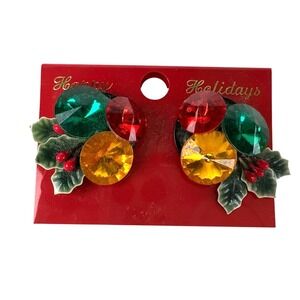Happy Holidays Large Post Earrings Gold ,Green,Red Crystsals w Holly Decoration